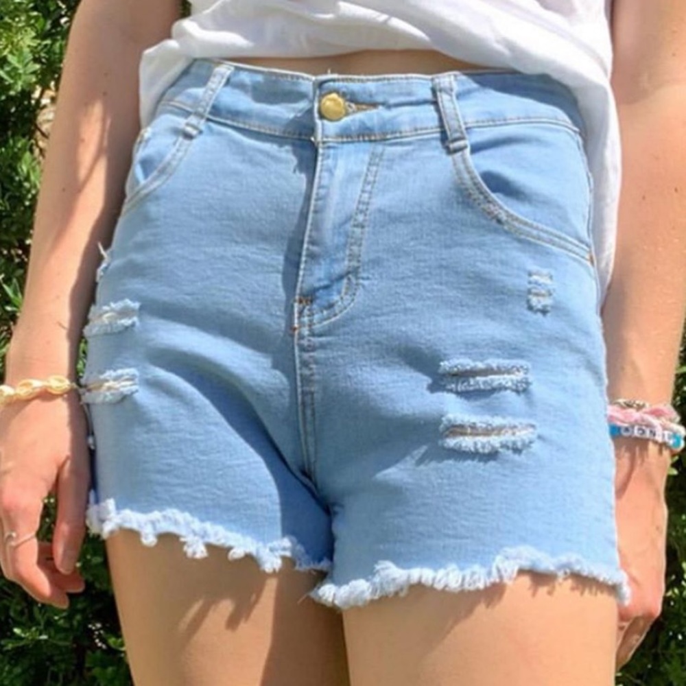 High rise ripped blue denim jean shorts
